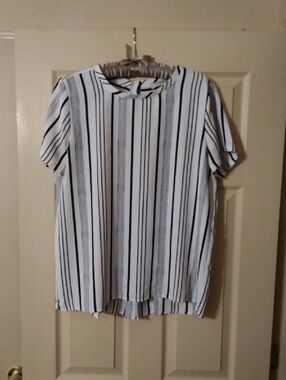 LOFT White Blouse with Navy Vertical Stripes